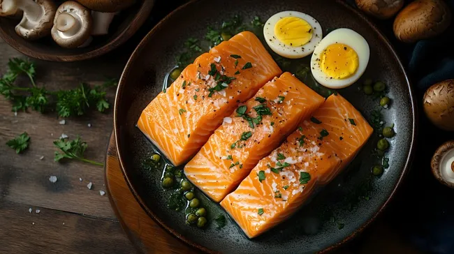 Gesundes Fischgericht mit Lachs, Eiern und Pilzen