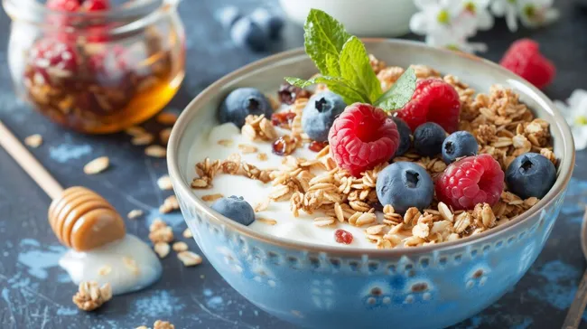 Gesundes Frühstück mit Beeren und Granola