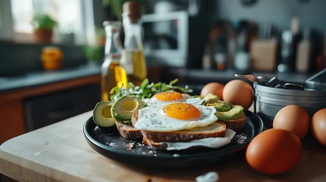 Gesundes Frühstück mit Eiern, Avocado und Brot