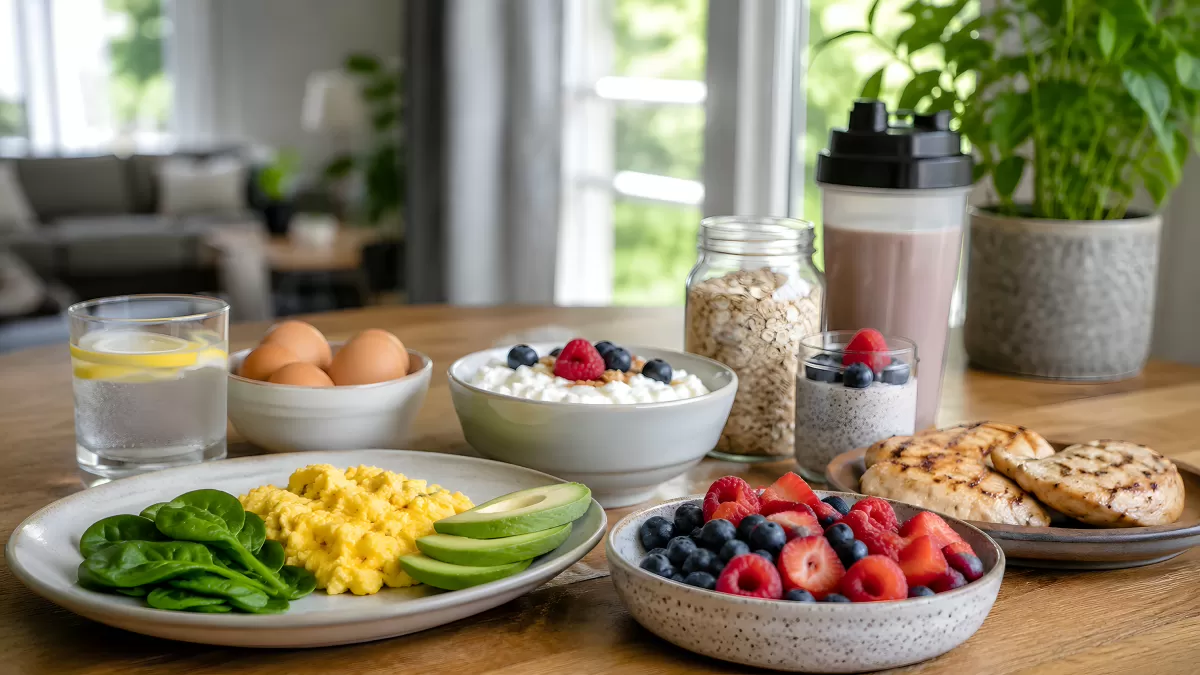 Gesundes Frühstück mit Eiern, Beeren und Avocado