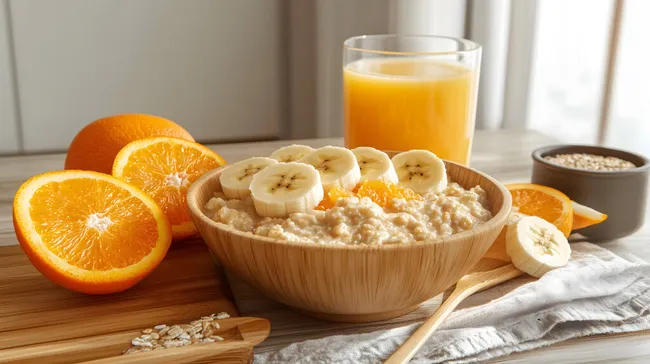 Gesundes Frühstück mit Haferbrei, Früchten und Orangensaft