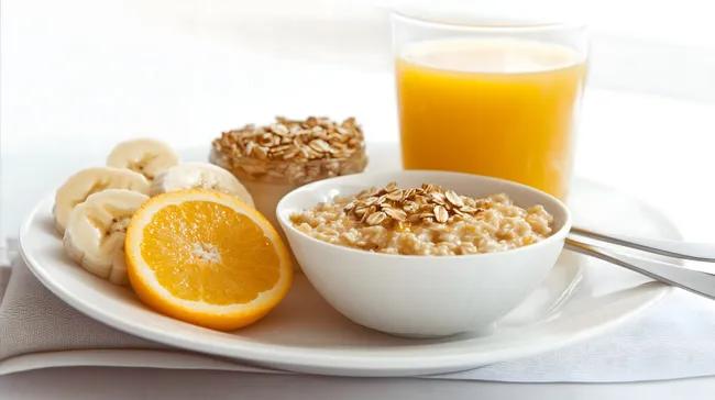 Gesundes Frühstück mit Haferbrei, Obst und Orangensaft
