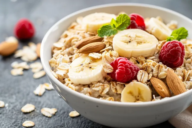 Gesundes Frühstück mit Haferflocken, Obst und Nüssen