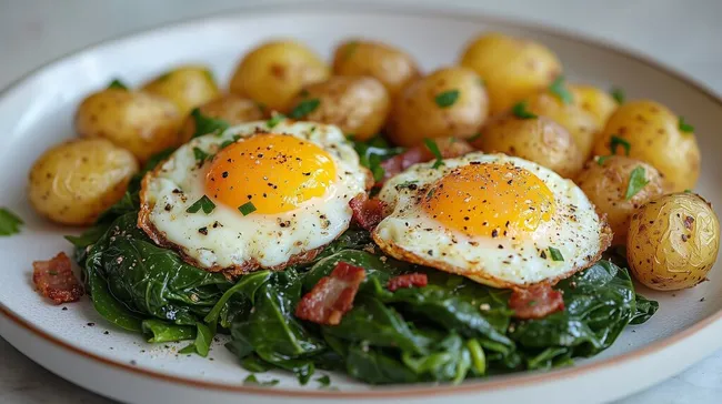 Gesundes Frühstück mit Spiegelei, Spinat und Kartoffeln