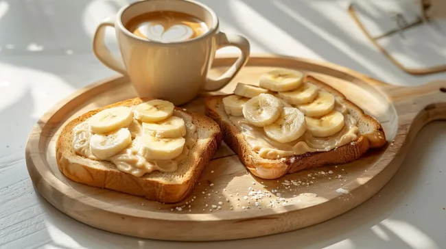 Gesundes Frühstück mit Toastbrot, Bananen und Kaffee