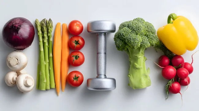 Gesundes Gemüse und Hantel vor heller Oberfläche