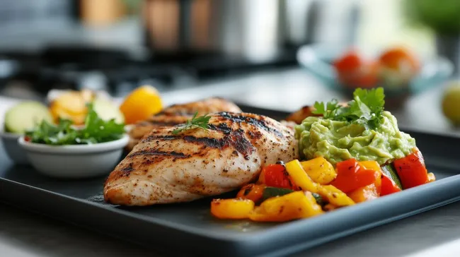 Gesundes Hähnchen-Gemüse-Gericht auf Teller