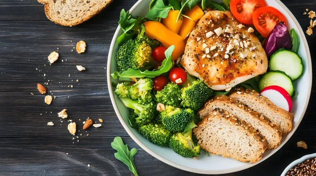 Gesundes Hähnchen-Gemüse-Gericht mit Brot