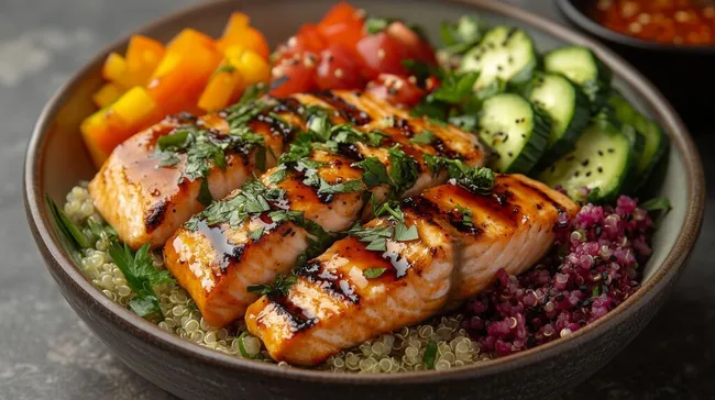 Gesundes Lachs-Quinoa-Gericht mit buntem Gemüse