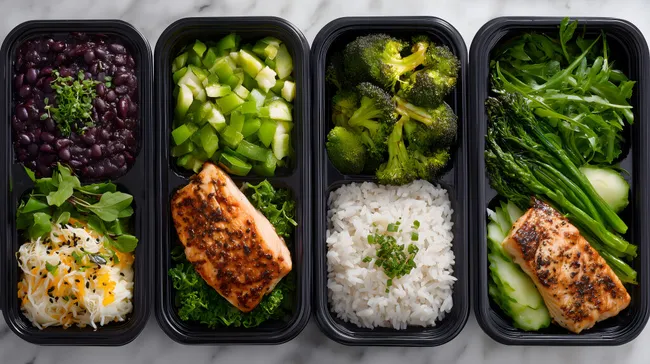 Gesundes Meal Prep mit Lachs, Reis und Gemüse