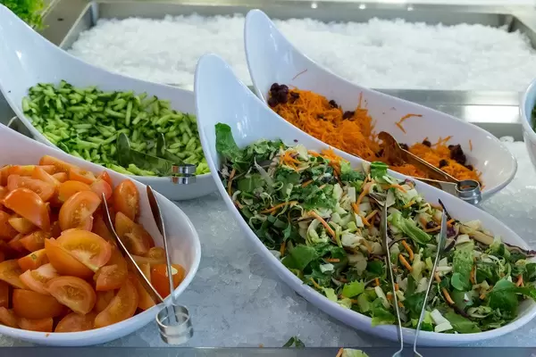 Gesundes Mittagessen mit Salat, geraspelten Möhren, Gurken und Tomaten in geschwungenen Schalen auf Kühlbehältern mit crushed-ice