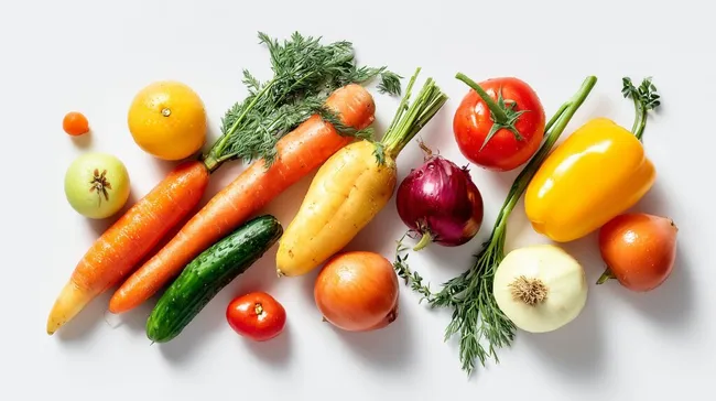 Gesundes Obst und Gemüse auf weißem Hintergrund