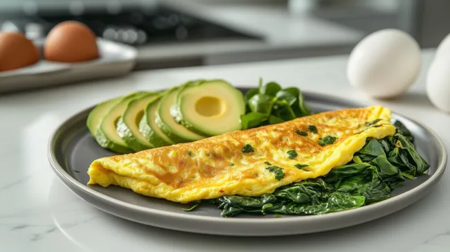 Gesundes Omelett mit Avocado und Spinat