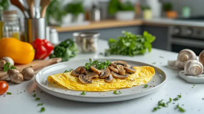 Gesundes Pilzomelett mit frischen Kräutern auf Holzküchentisch