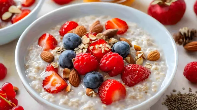 Gesundes Porridge-Frühstück mit Beeren und Nüssen