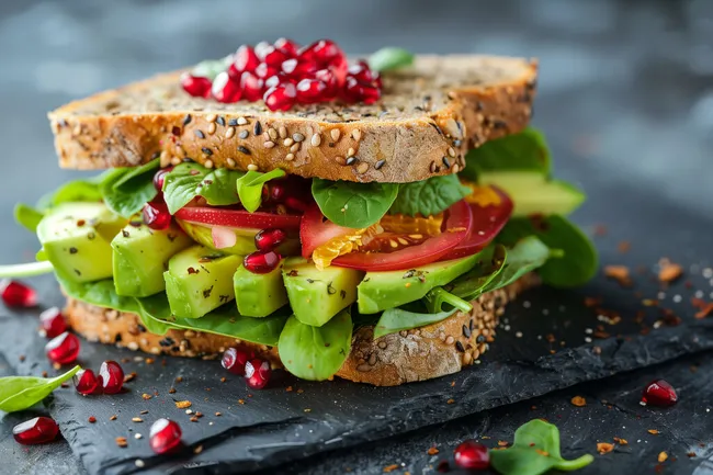 Gesundes Sandwich mit Granatapfel und Avocado