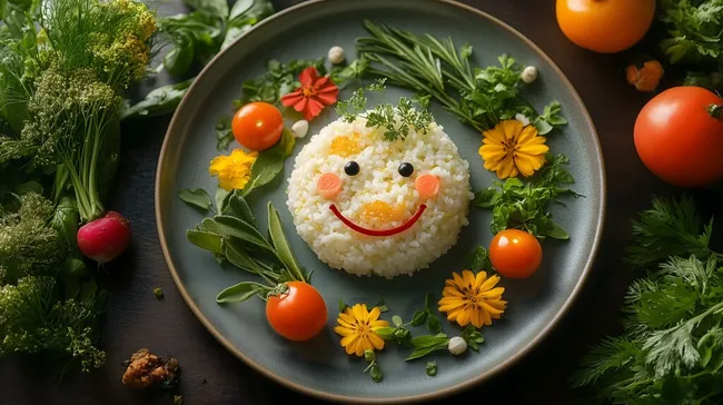Gesundes und kreatives Essensarrangement mit lächelndem Gesicht