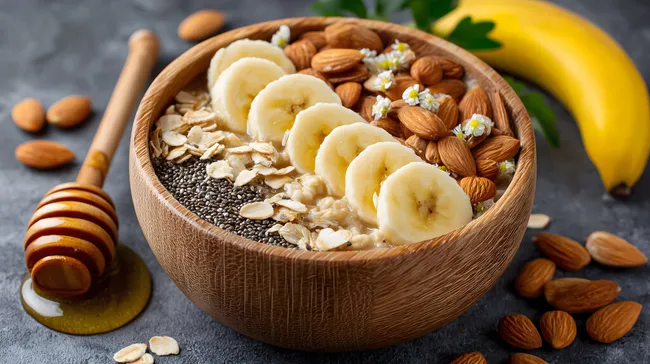 Gesundes veganes Frühstück mit Obst, Nüssen und Haferflocken