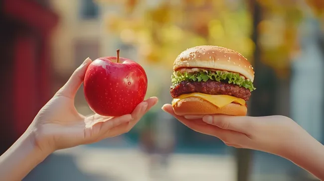 Gesundheit vs. Fast Food: Wahl zwischen Apfel und Hamburger
