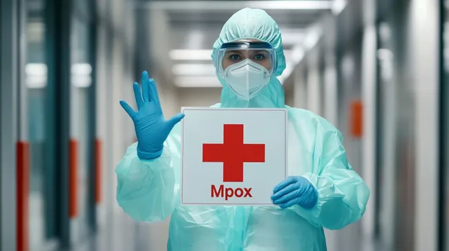 Gesundheitsarbeiter in Schutzkleidung mit Mpox-Schild