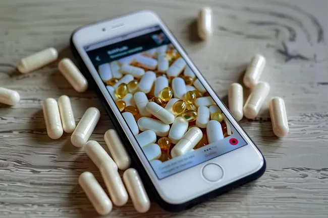 Gesundheitsfokus: Nahaufnahme von Nahrungsergänzungsmitteln und Smartphone