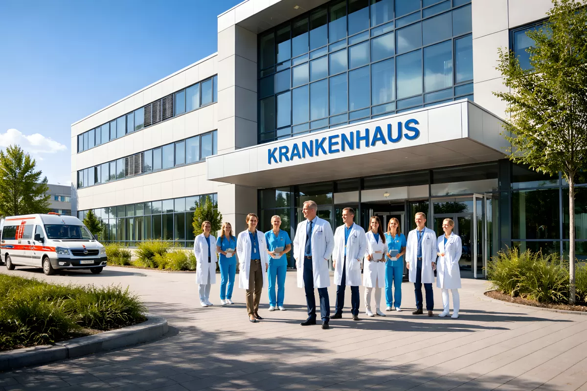 Gesundheitsreform: Krankenhaus-Team vor modernem Klinikgebäude