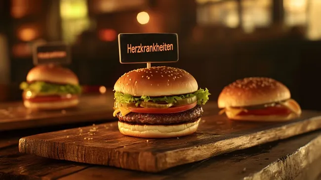 Gesundheitsrisiken-Warnschild auf rustikalem Burger