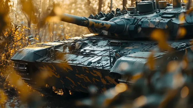 Getarnter Panzer im Herbstwald bei Sonnenlicht