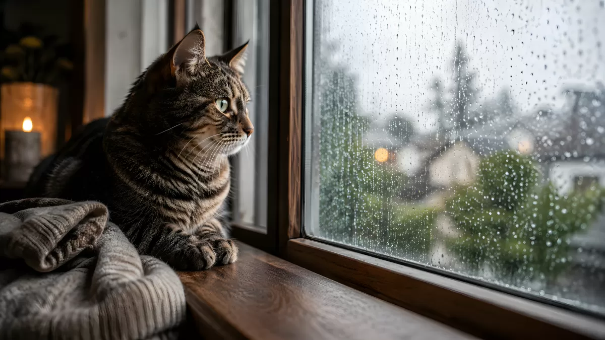 Getigerte Katze beobachtet Regen am Fensterbrett