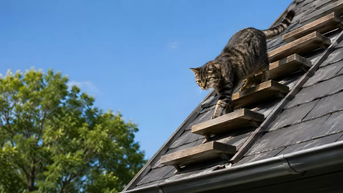 Getigerte Katze klettert auf Schieferdach im Sommer