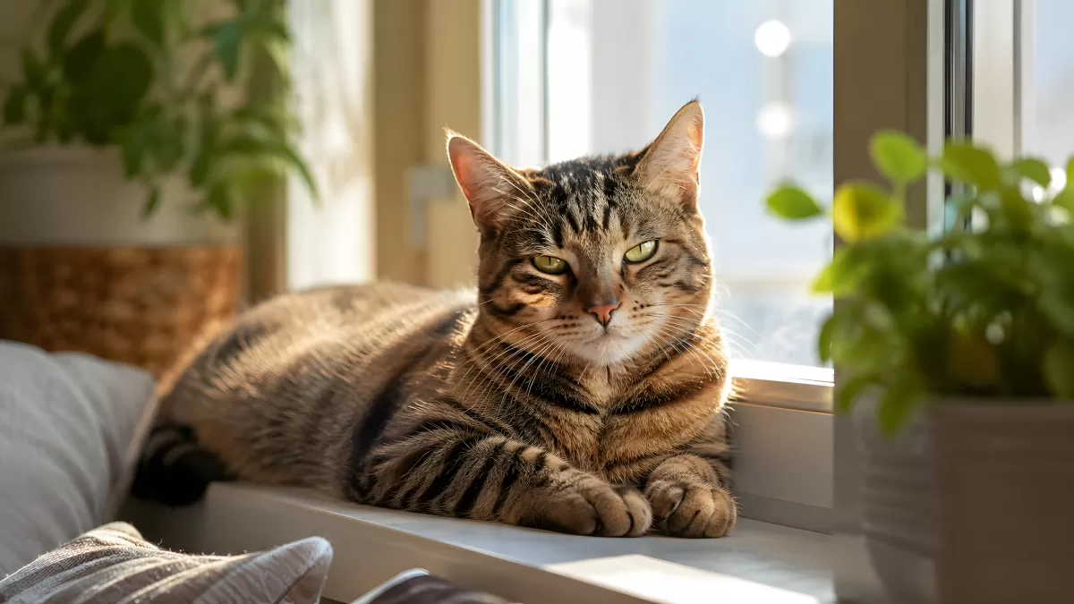 Getigerte Katze liegt entspannt auf Fensterbrett