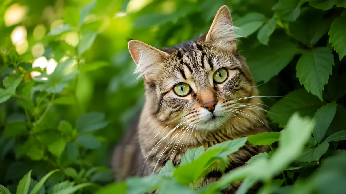 Getigerte Katze lugt neugierig aus grünem Blattwerk
