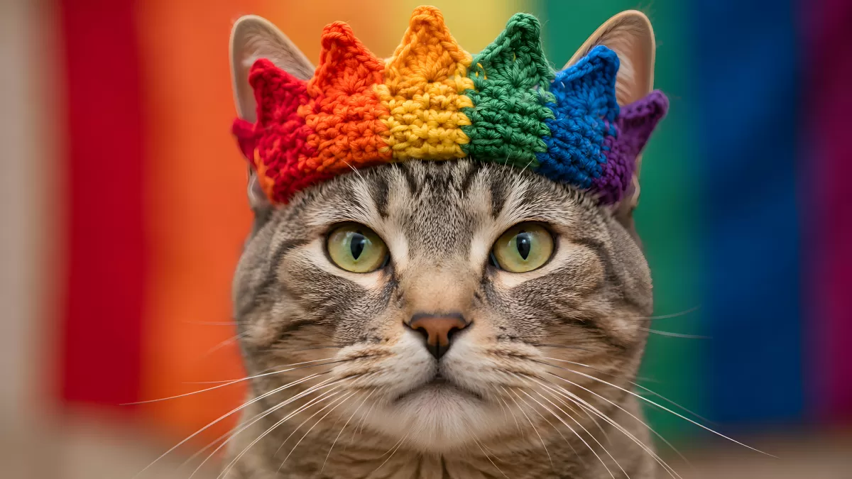 Getigerte Katze mit gehäkelter Regenbogenkrone