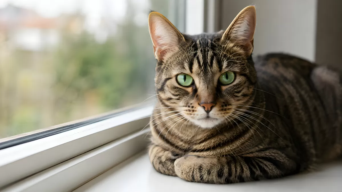 Getigerte Katze mit grünen Augen am Fensterbrett