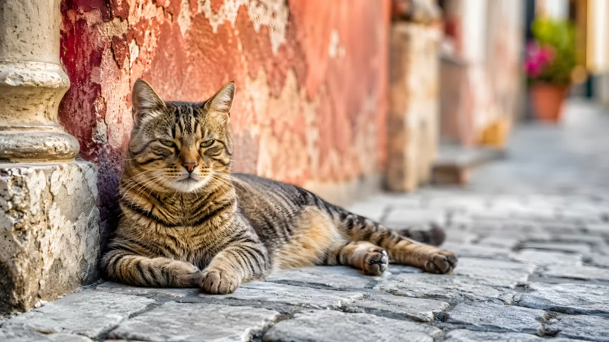 Getigerte Katze ruht auf Kopfsteinpflaster in Altstadtgasse