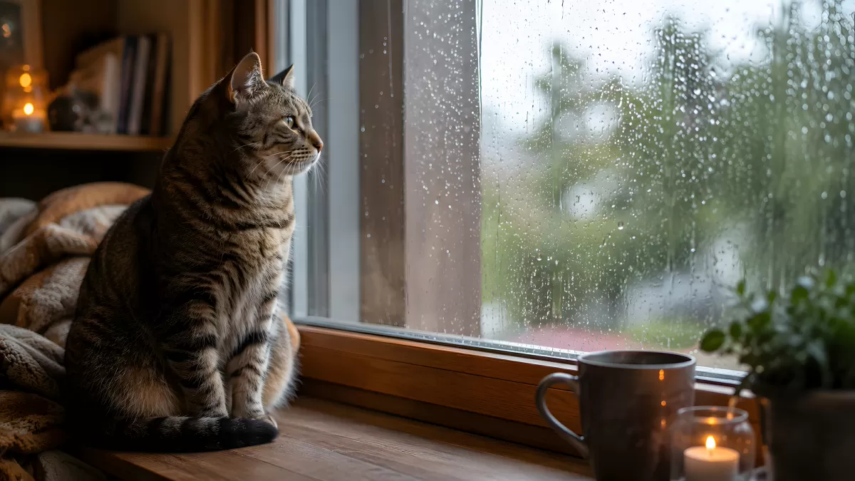Getigerte Katze schaut an Regentag aus dem Fenster