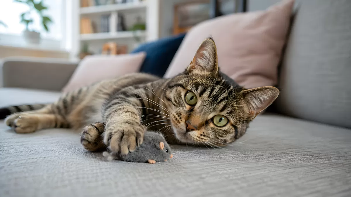 Getigerte Katze spielt mit Mausspielzeug auf Sofa