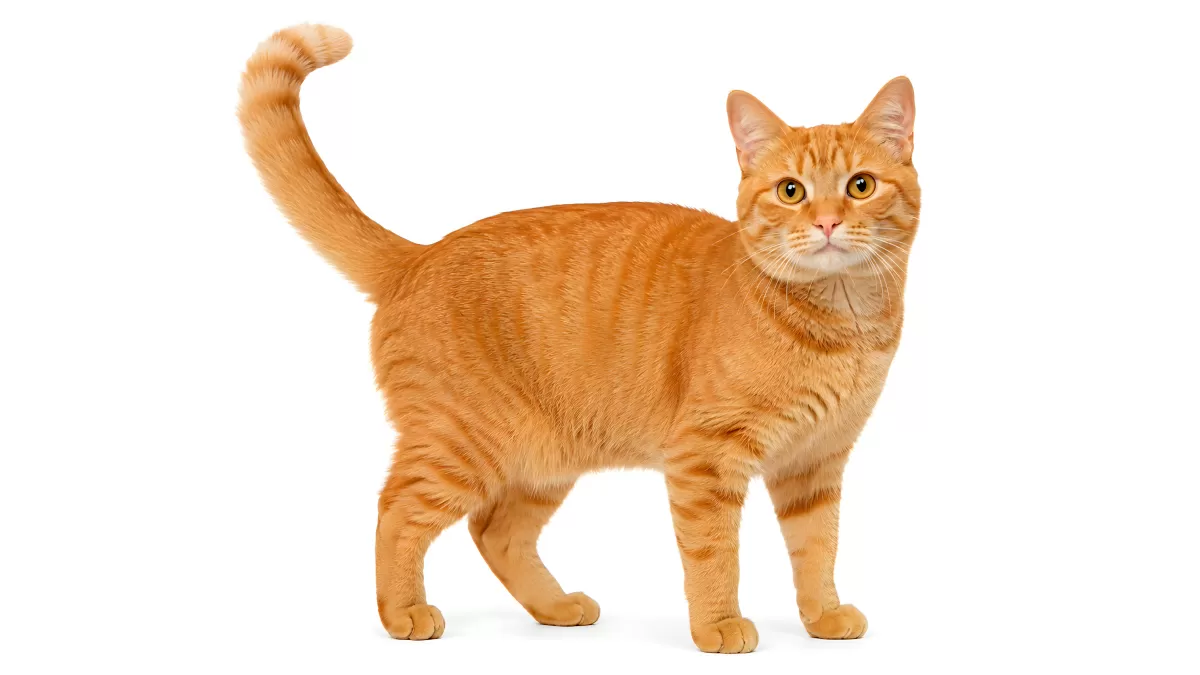Getigerte Orangekatze steht aufrecht vor weißem Hintergrund