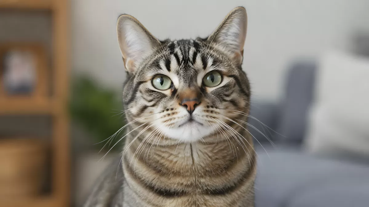 Getigerter Hauskatze mit grünen Augen in Nahaufnahme