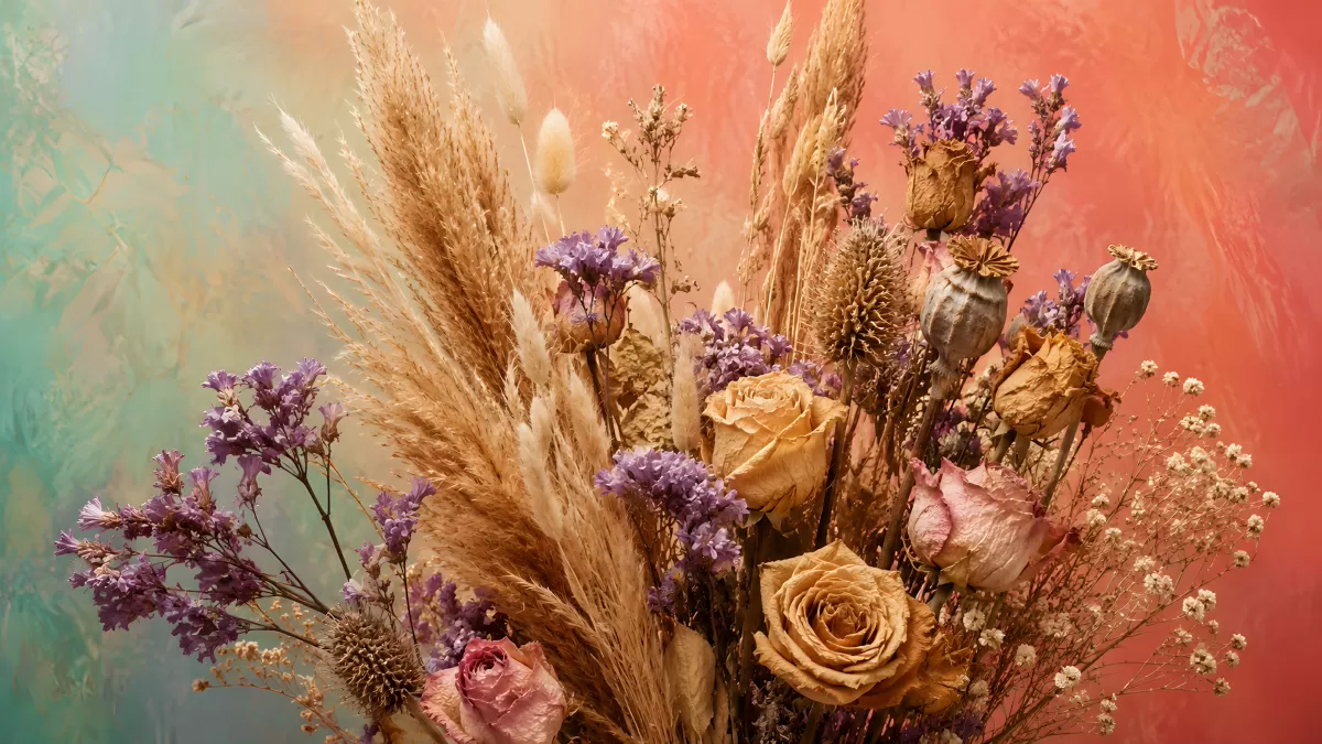 Getrocknete Blumen in warmen und lila Tönen