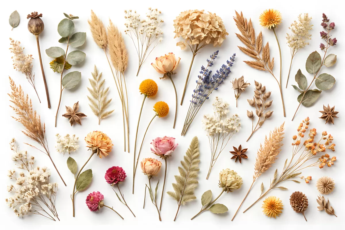 Getrocknete Blumen und Gräser auf weißem Hintergrund