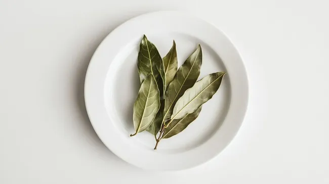 Getrocknete Lorbeerblätter auf weißem Teller