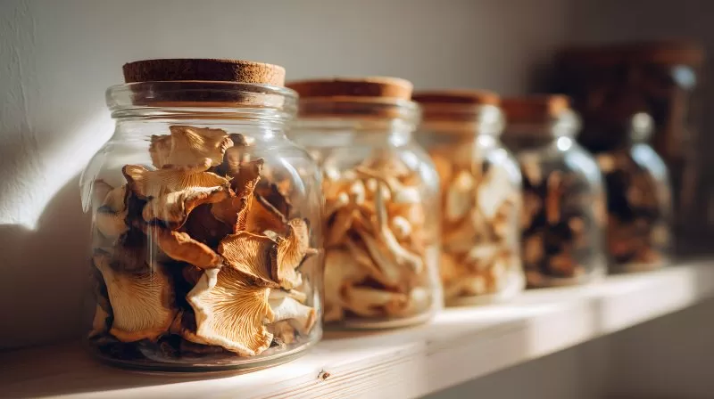 Getrocknete Pilze im Glas auf Regal