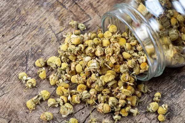 Getrockneter Kamillentee auf altem Holzhintergrund