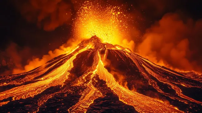 Gewaltige Vulkaneruption mit Aschewolke bei Nacht