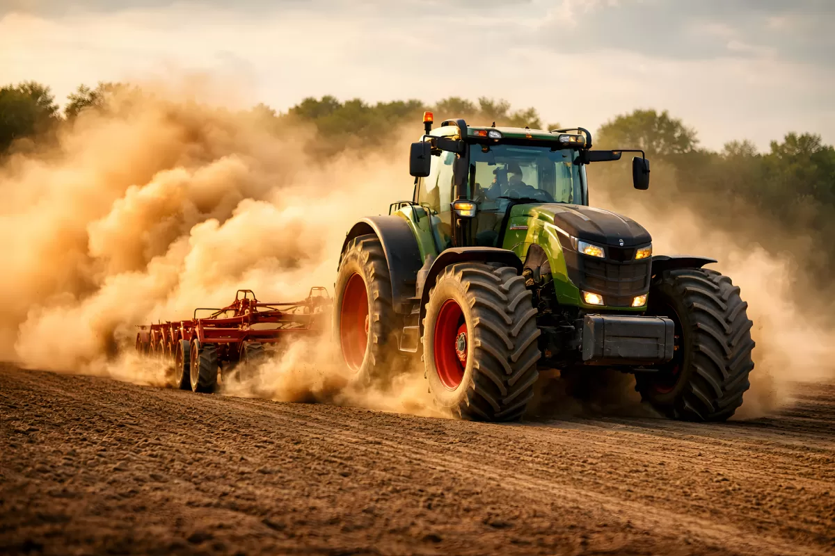 Gewaltiger Traktor bei staubiger Feldarbeit