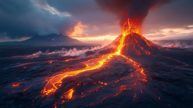 Gewaltiger Vulkanausbruch in Island bei Sonnenuntergang