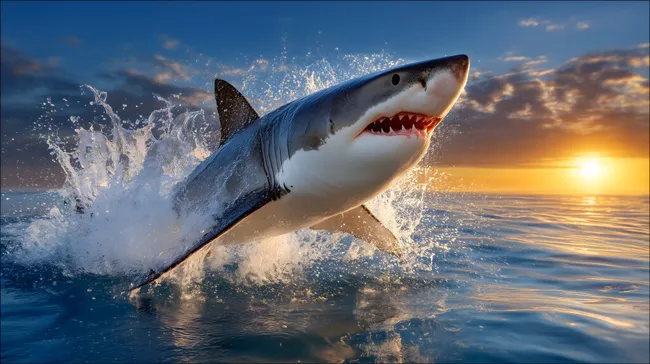Gewaltiger weißer Hai springt aus Wasser bei Sonnenuntergang
