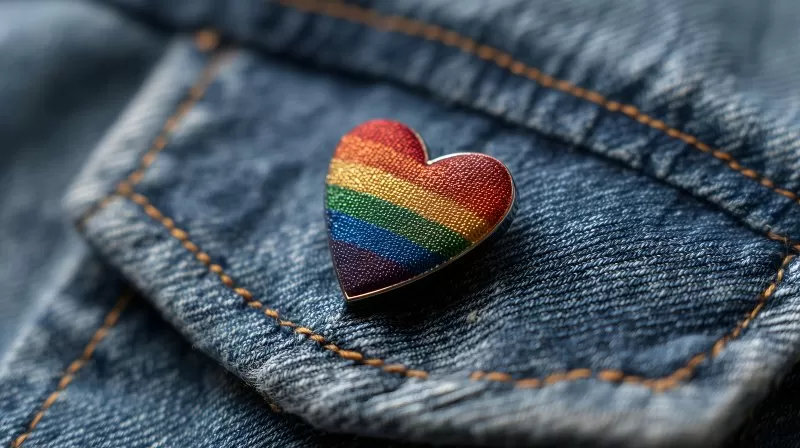 Gewebter Regenbogen-Herz-Pin auf Jeansstoff in Nahaufnahme