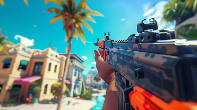 Gewehr in Cartoon-Stil in moderner Stadtkulisse